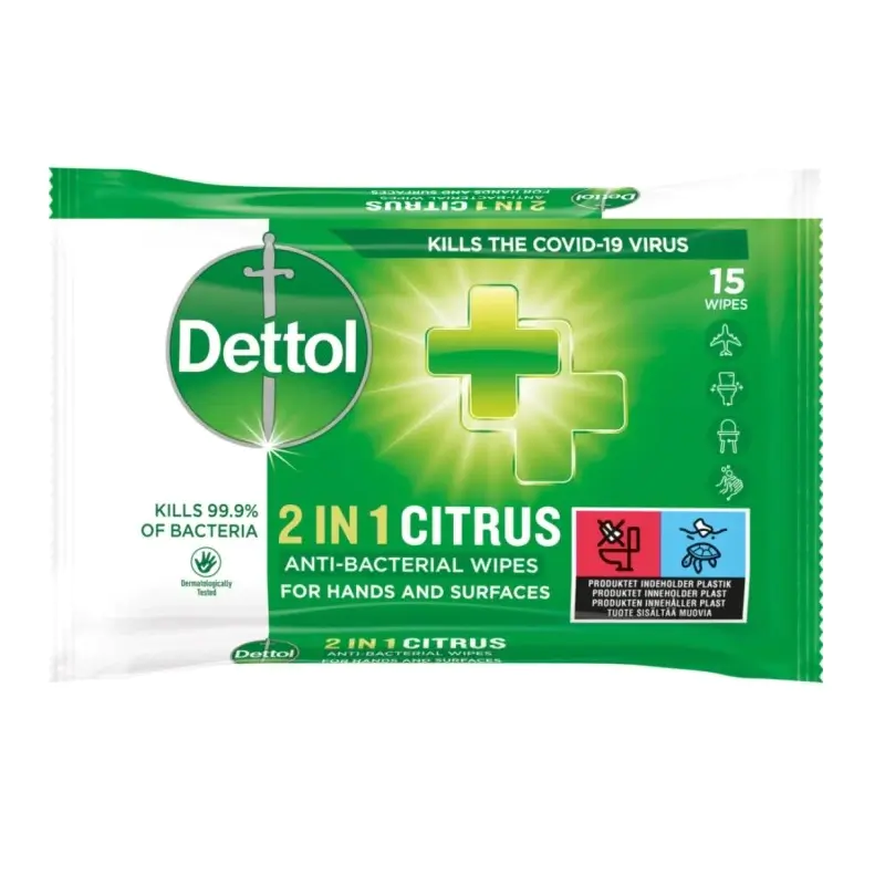 Dettol 2 in 1 Disinfection Wipes for Hands & Surfaces 15 pcs